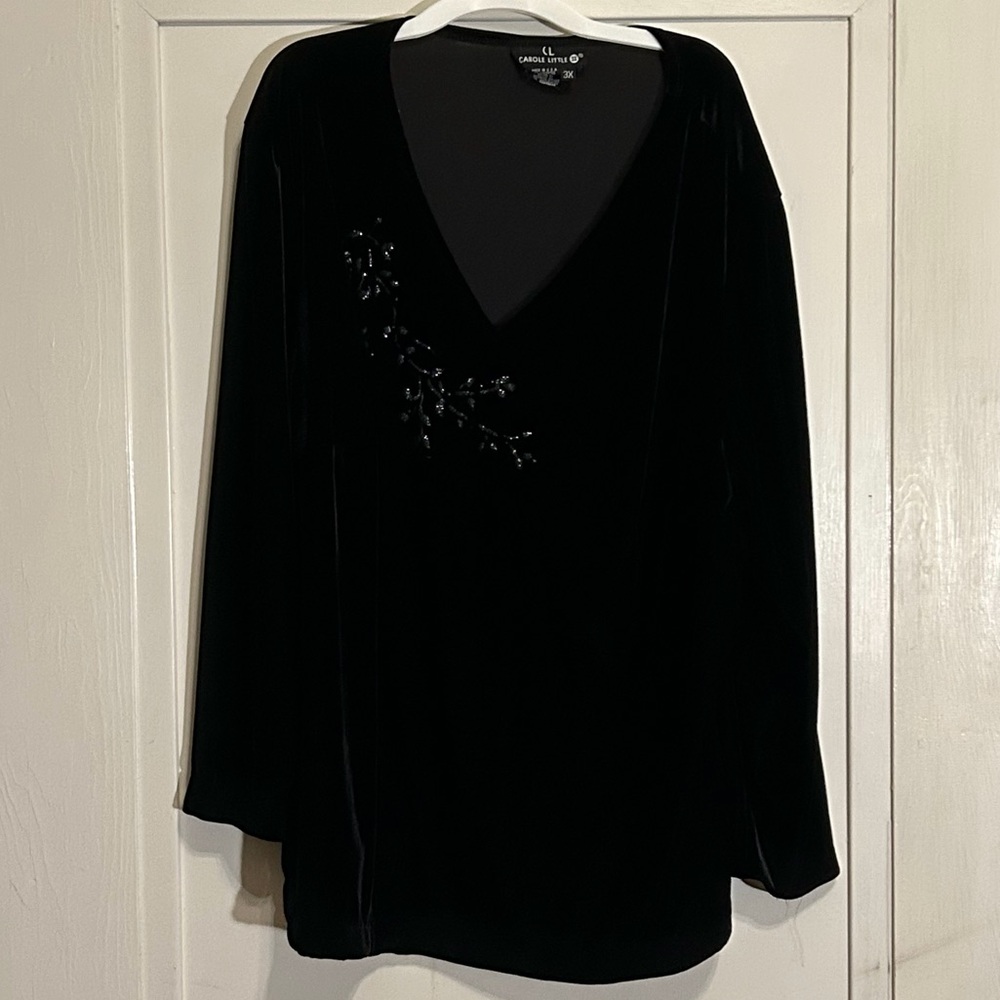 Carole Little Stretch Velvet Look Top 3X V-Neck Glitter Embellishment Top